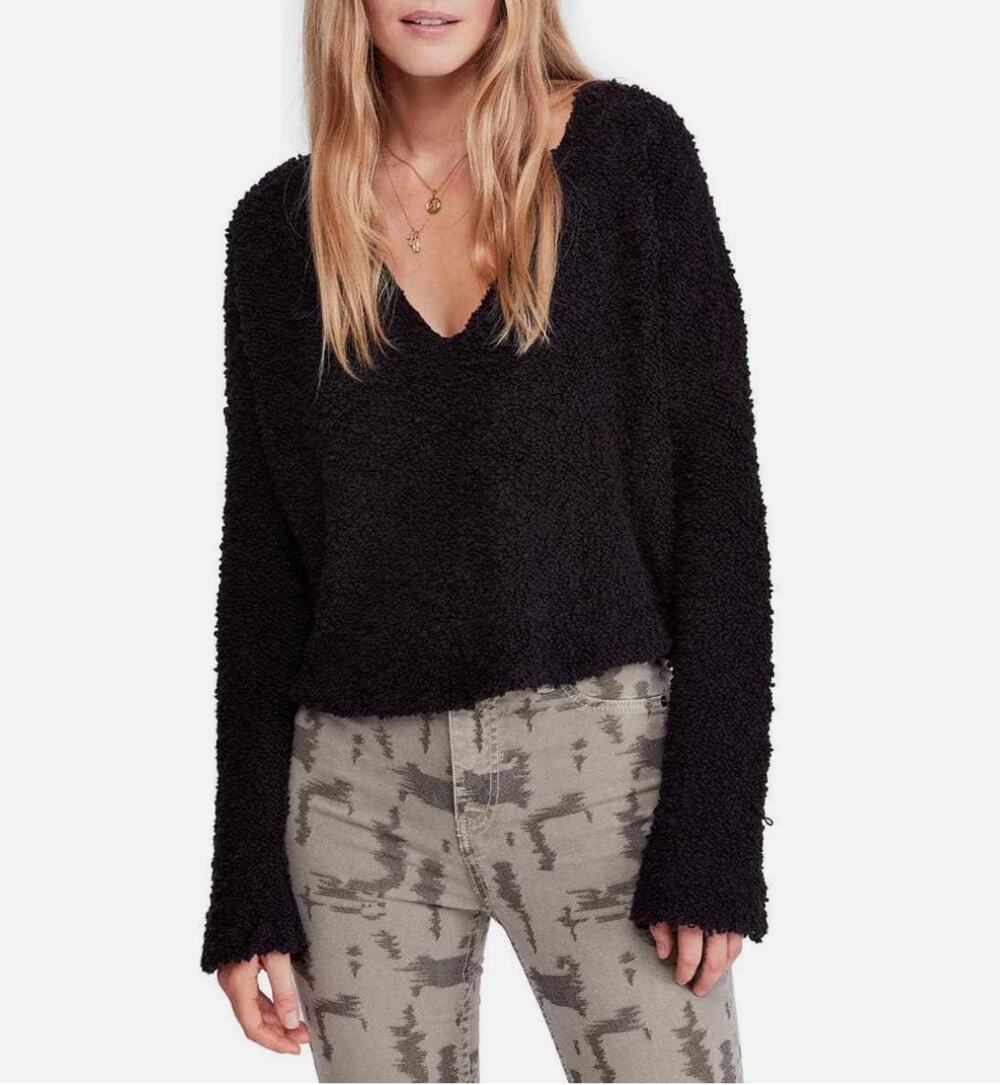 Free People Womens L Black Cropped Popcorn Knit Long Sleeve Sweater Boho Chic